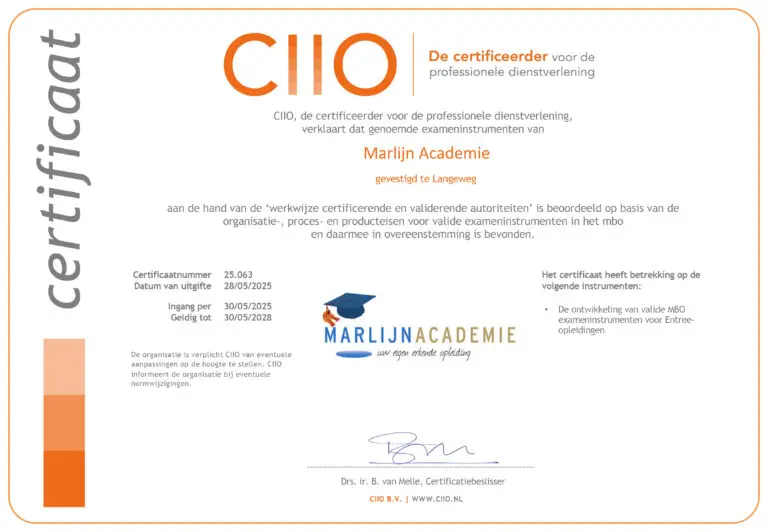 Marlijn Academie certificaat validering organisatie mbo examens (2505) Entree