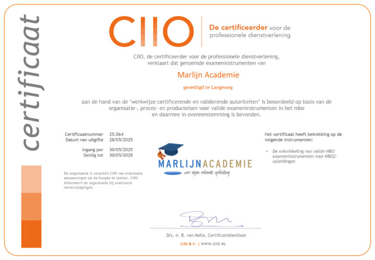 Marlijn Academie certificaat validering organisatie mbo examens (2505) MBO2